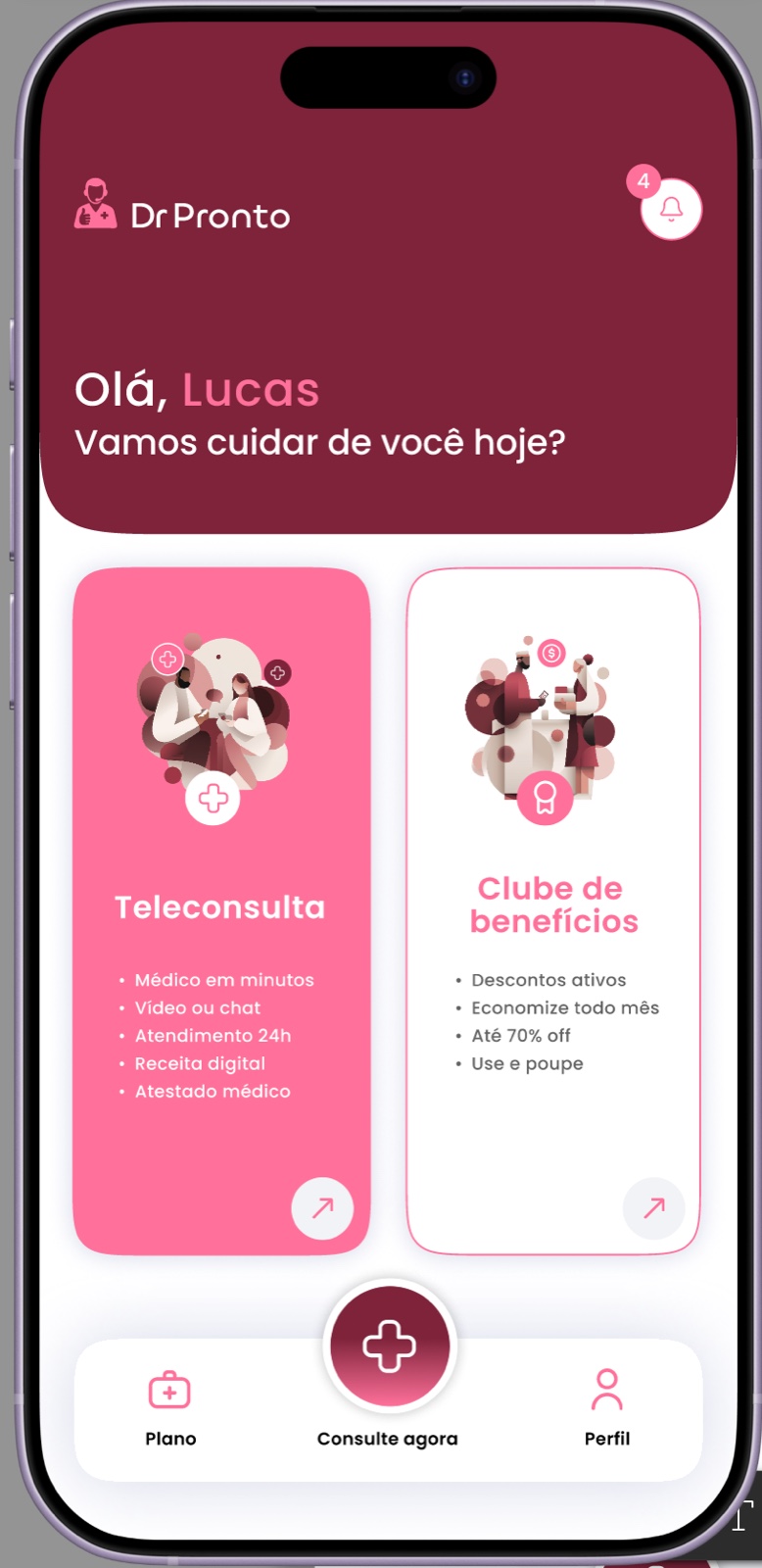 Interface do aplicativo Dr Pronto