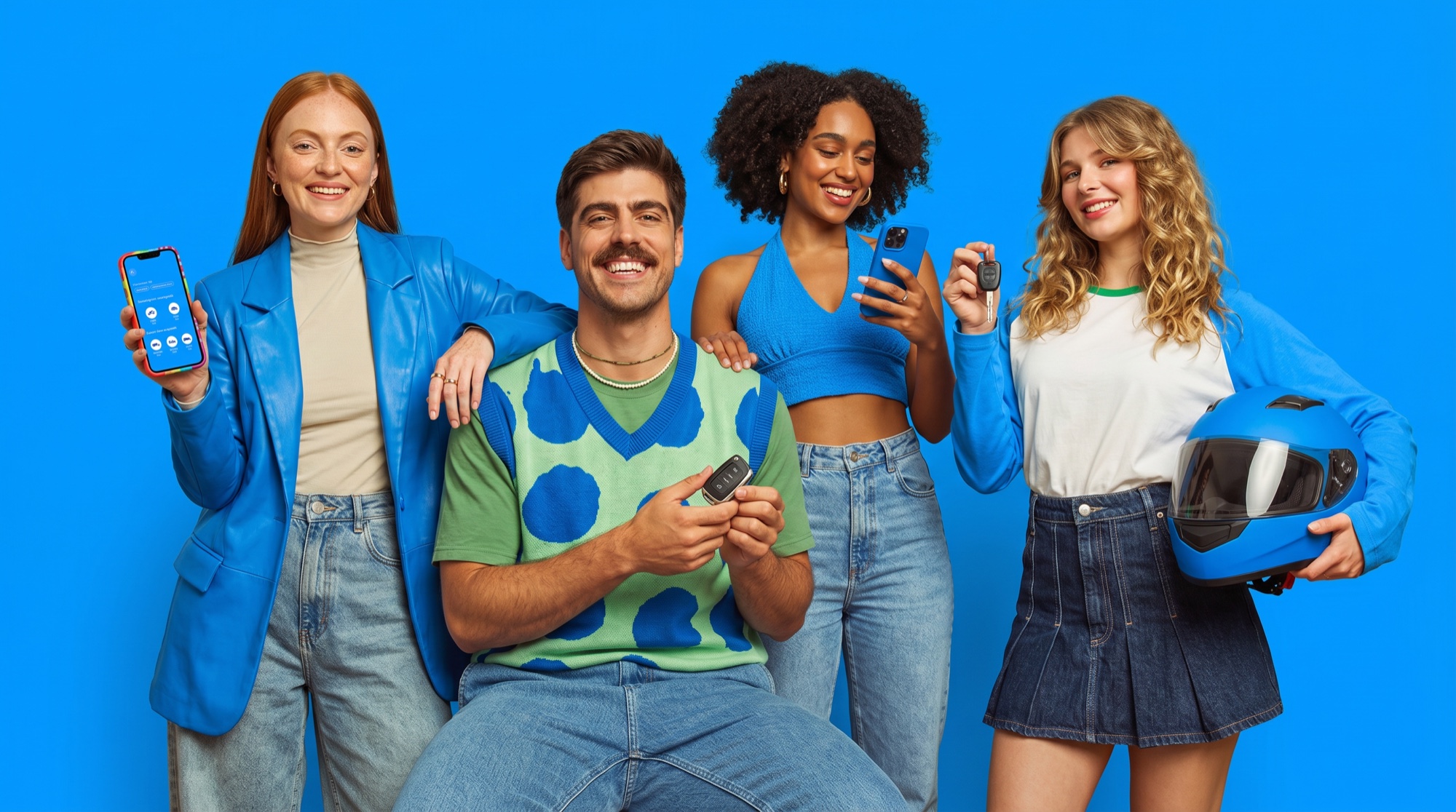Campanha Vamoo com quatro jovens e elementos ligados à mobilidade